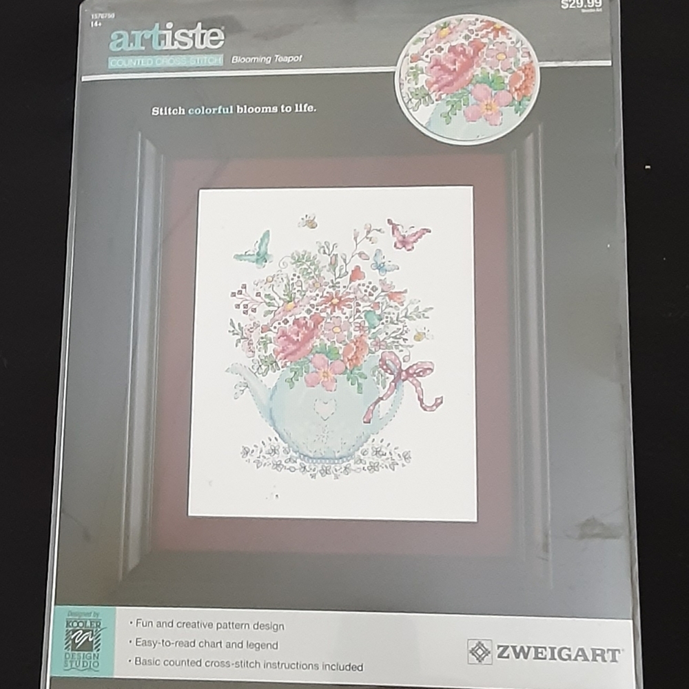 NWT Blooming Teapot artiste counted cross stitch